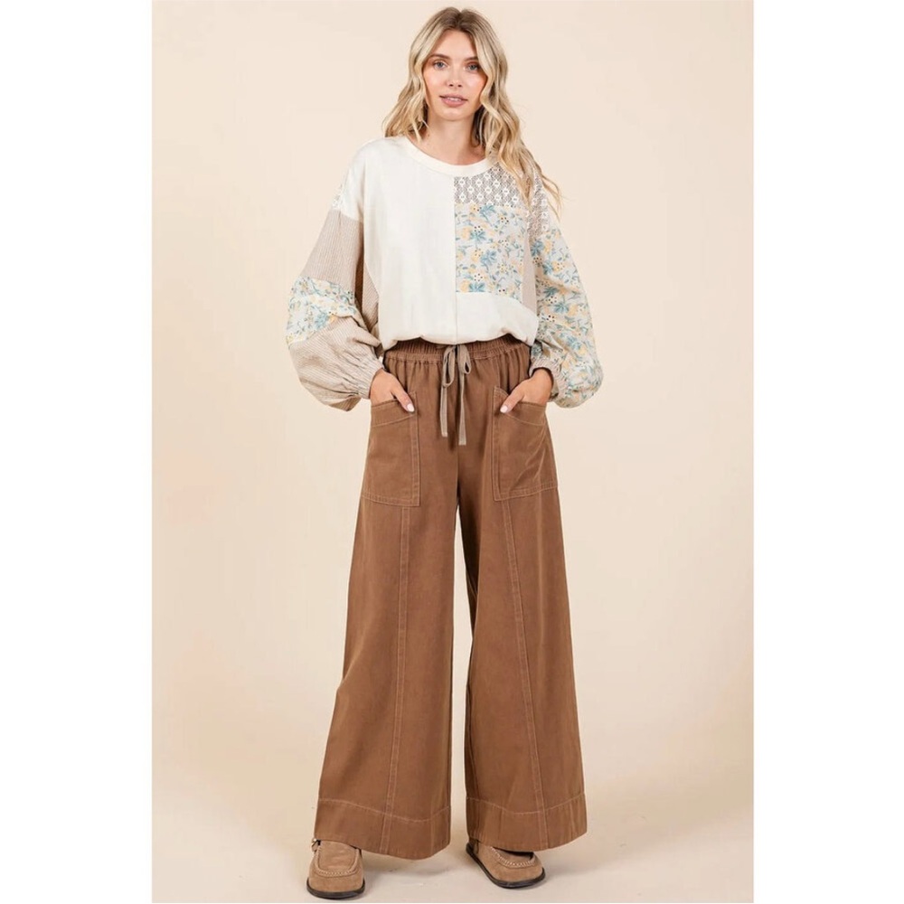 Mittoshop Mineral Wash Wide Leg Elastic Waist Twill Pants